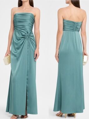 Aidan Mattox Women’s Strapless Pleated Crepe Satin Mint Green Maxi Gown Size 6